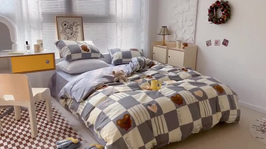 91家纺网 家纺一手货源 找家纺 昔可2022新款印花全棉四件套跑量款 熊熊格