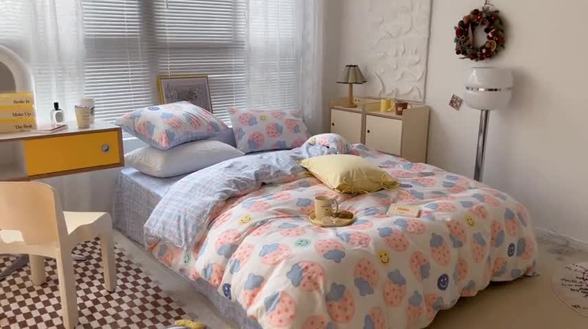 91家纺网 家纺一手货源 找家纺 昔可2022新款印花全棉四件套跑量款 油画粉草莓