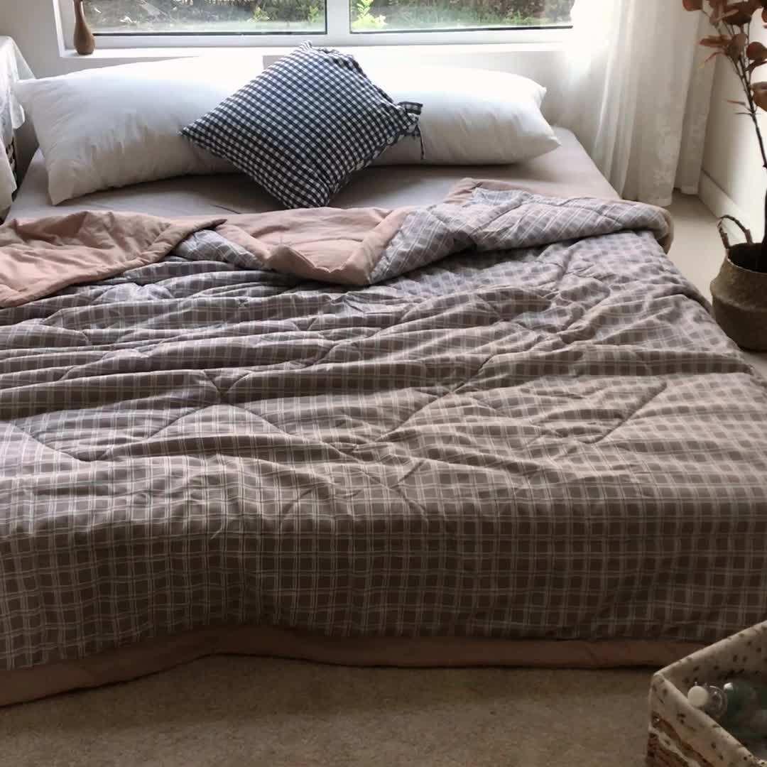 91家纺网 家纺一手货源 找家纺 慕尚家纺 2025新款日式简约无印风夏被夏凉被风格一 咖色大格