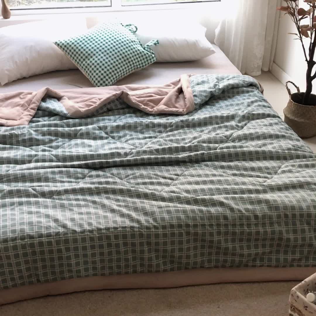 91家纺网 家纺一手货源 找家纺 慕尚家纺 2025新款日式简约无印风夏被夏凉被风格一 雅绿大格