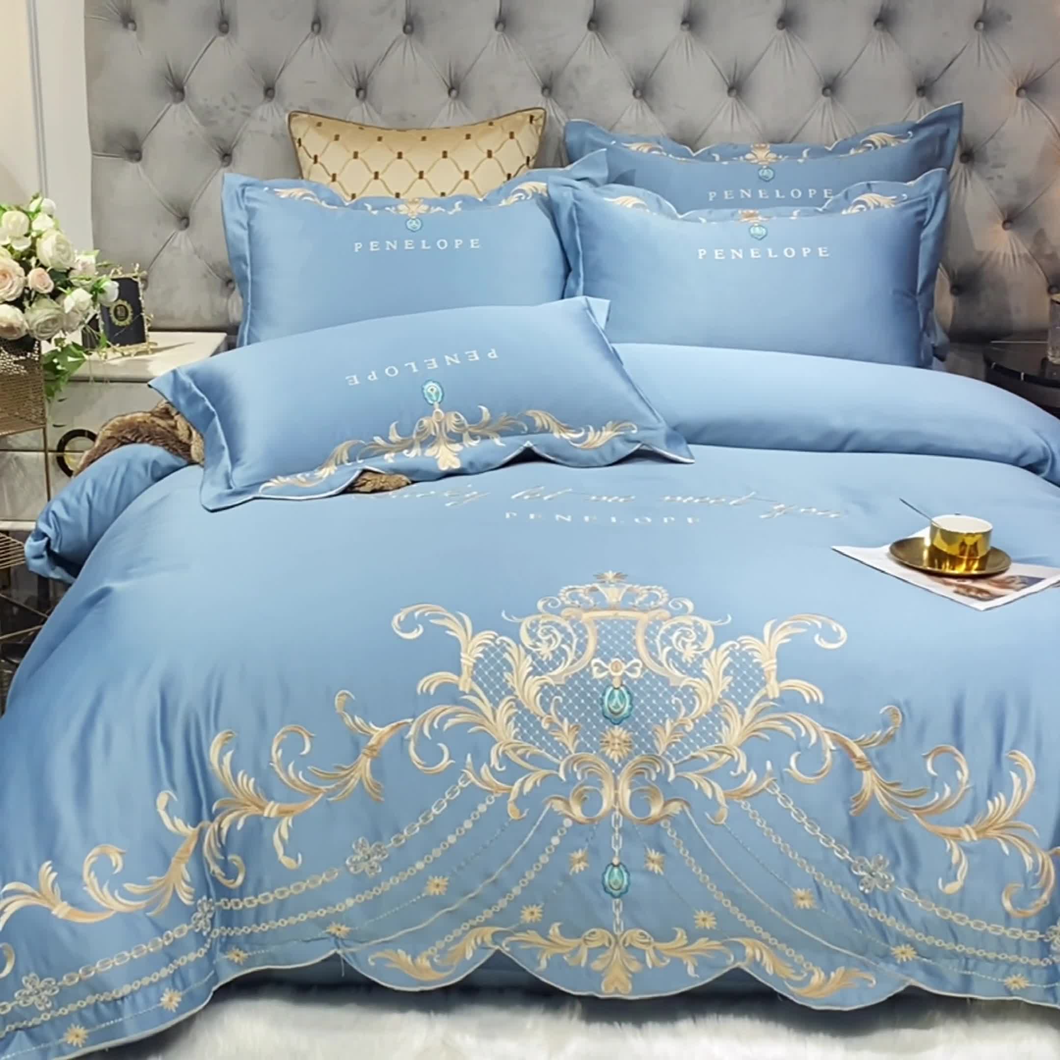 91家纺网 家纺一手货源 找家纺 欧乐蒂 2022新款A版60支水洗真丝B版纯棉四件套欧雅 欧雅-宾利蓝