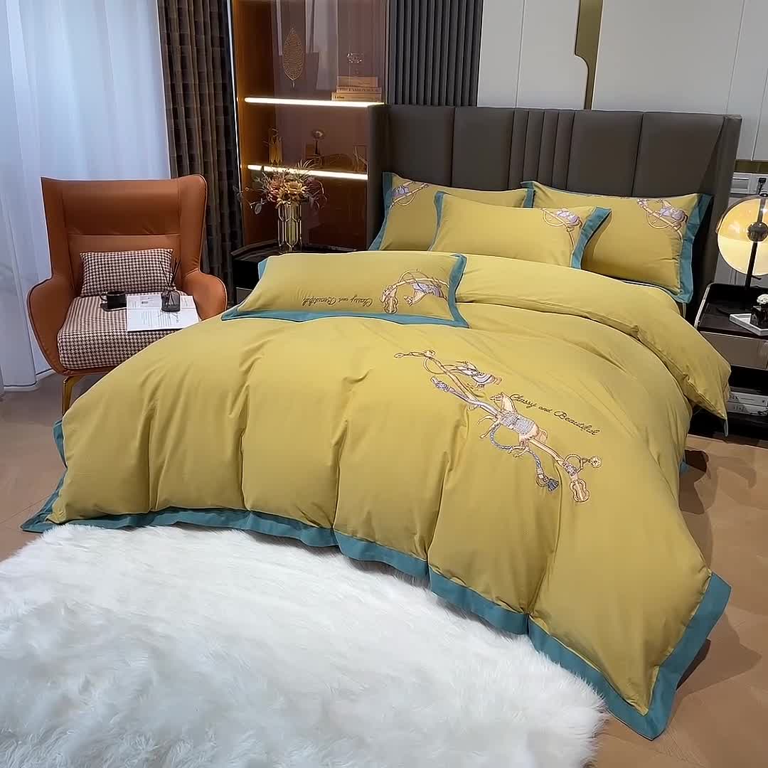 91家纺网 家纺一手货源 找家纺 雲归梦 2022生态磨毛绣花加厚四件套（直播爆款）爱丁堡-黄
