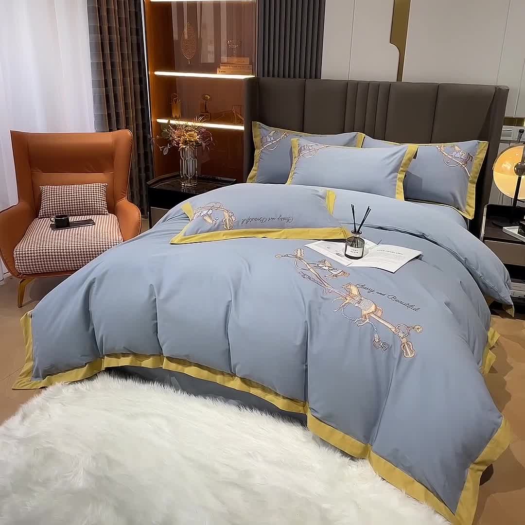 91家纺网 家纺一手货源 找家纺 雲归梦 2022生态磨毛绣花加厚四件套（直播爆款）爱丁堡-蓝