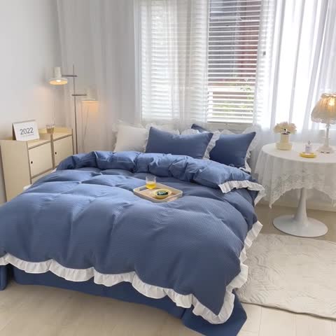 91家纺网 家纺一手货源 找家纺 雅居纺家纺 2022新款华夫格花边款四件套 梦幻蓝