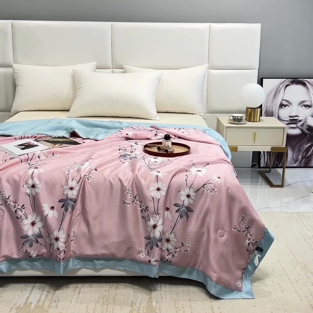 91家纺网 家纺一手货源 找家纺 时亿 2022新款80支天丝印花单夏被夏凉被空调被直播款 悦琦-粉