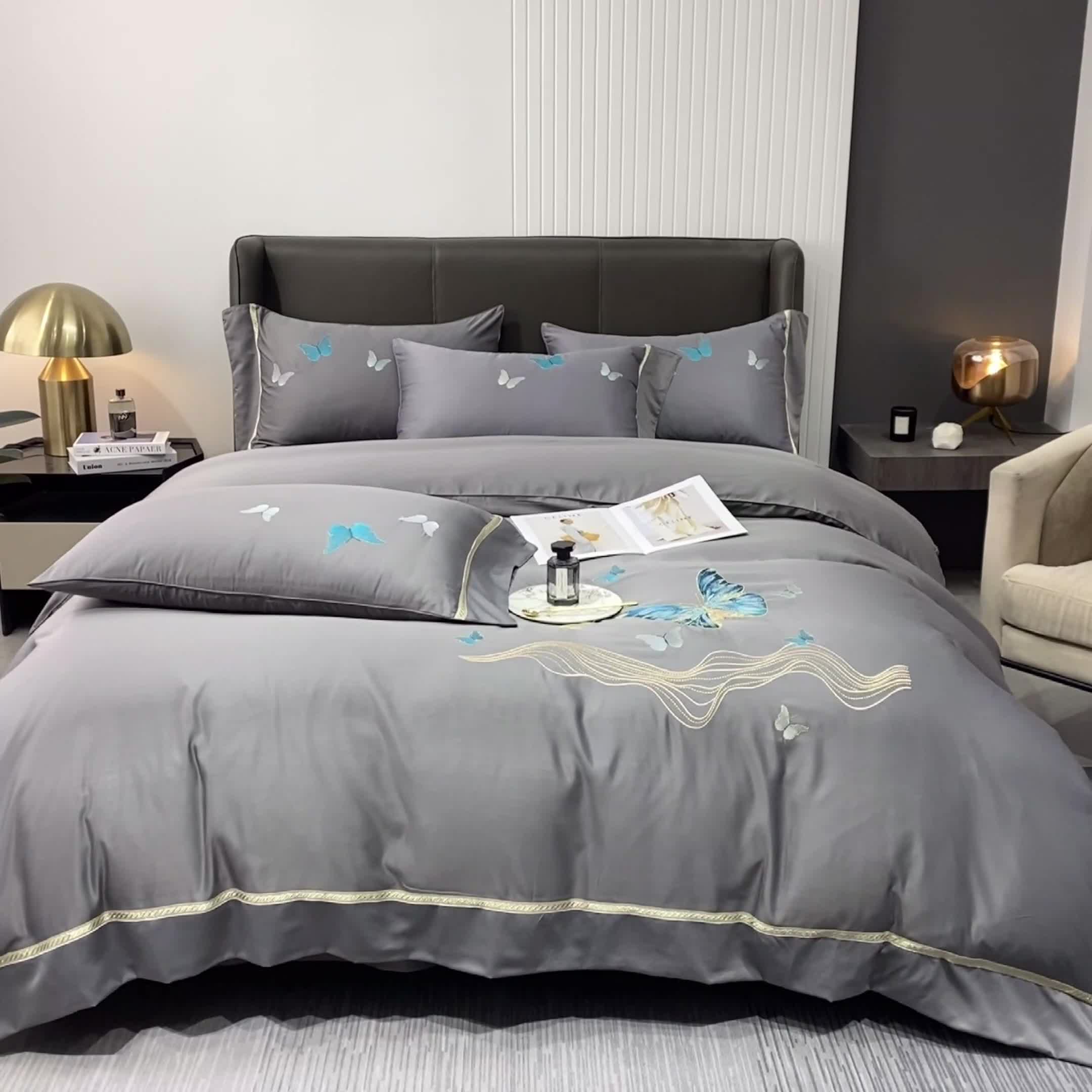 91家纺网 家纺一手货源 找家纺 眠帛家居 2022新款水洗天丝四件套蝶梦系列 蝶梦高级灰