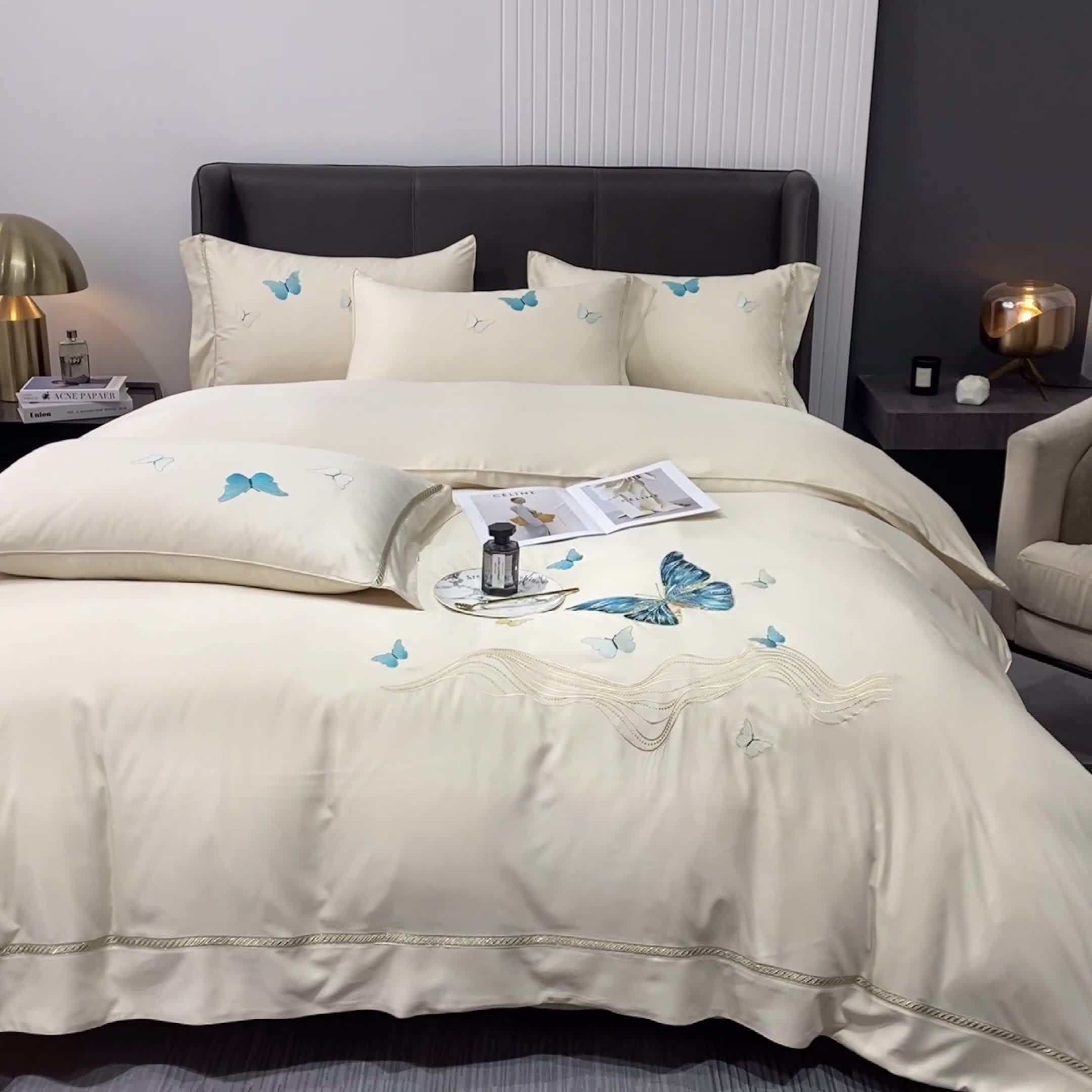 91家纺网 家纺一手货源 找家纺 眠帛家居 2022新款水洗天丝四件套蝶梦系列 蝶梦奶黄