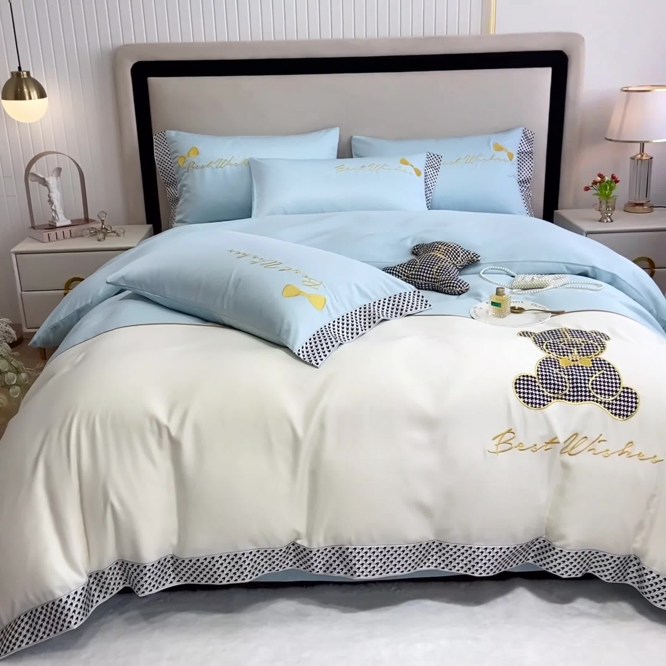 91家纺网 家纺一手货源 找家纺 眠帛家居  2022新款水洗天丝四件套元气熊系列元气熊-浅蓝