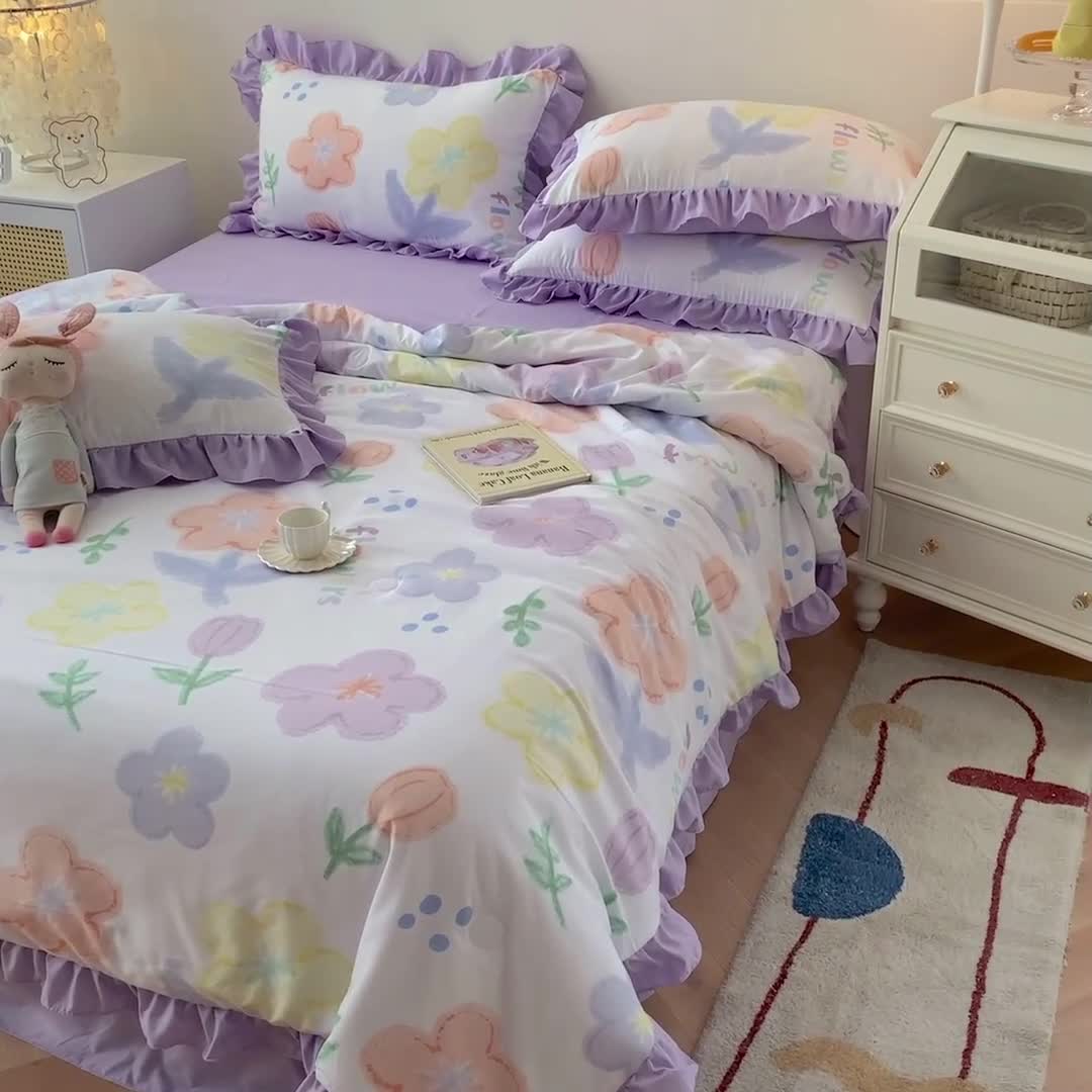 91家纺网 家纺一手货源 找家纺 吾欢心 2024新款茶萃棉韩版花边夏被四件套 爱丽丝