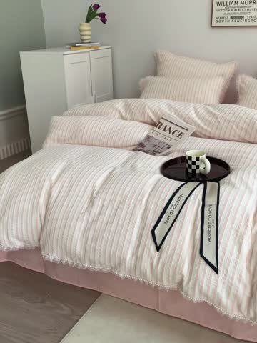 91家纺网 家纺一手货源 找家纺 玛奇朵2022新款全棉立体提花泡泡纱四件套-艾丽系列艾丽-粉