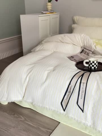 91家纺网 家纺一手货源 找家纺 玛奇朵2022新款全棉立体提花泡泡纱四件套-艾丽系列艾丽-黄