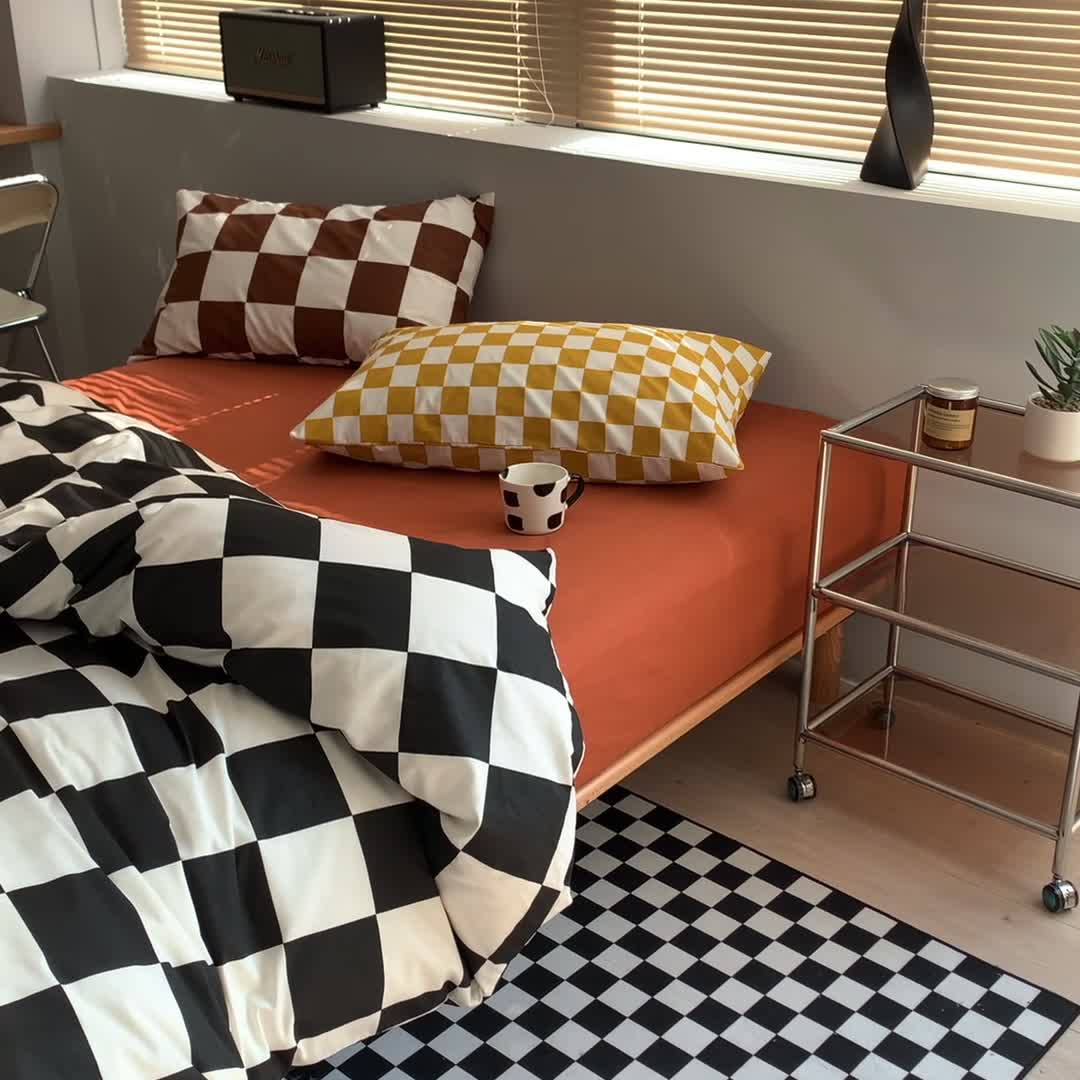 91家纺网 家纺一手货源 找家纺 怡家居 2022新款全棉棋盘格混搭四件套 棋盘格黑