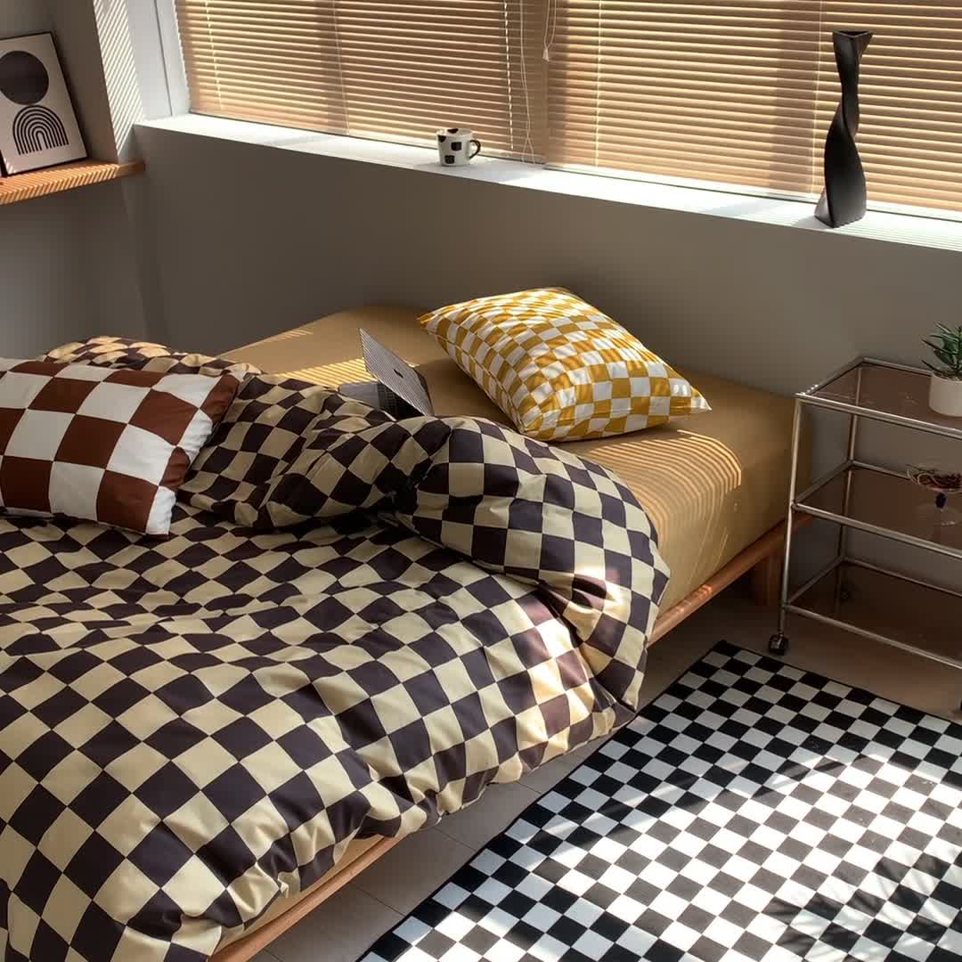 91家纺网 家纺一手货源 找家纺 怡家居 2022新款全棉棋盘格混搭四件套 棋盘格黑驼