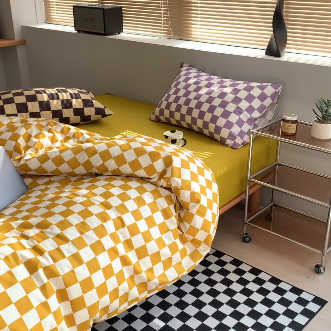 91家纺网 家纺一手货源 找家纺 怡家居 2022新款全棉棋盘格混搭四件套 棋盘格黄