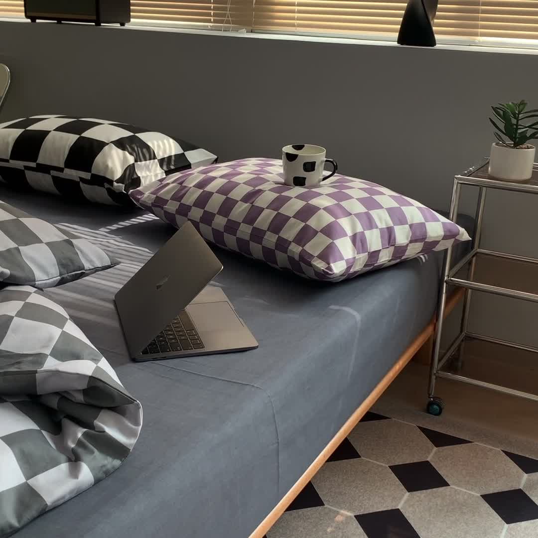 91家纺网 家纺一手货源 找家纺 怡家居 2022新款全棉棋盘格混搭四件套 棋盘格灰