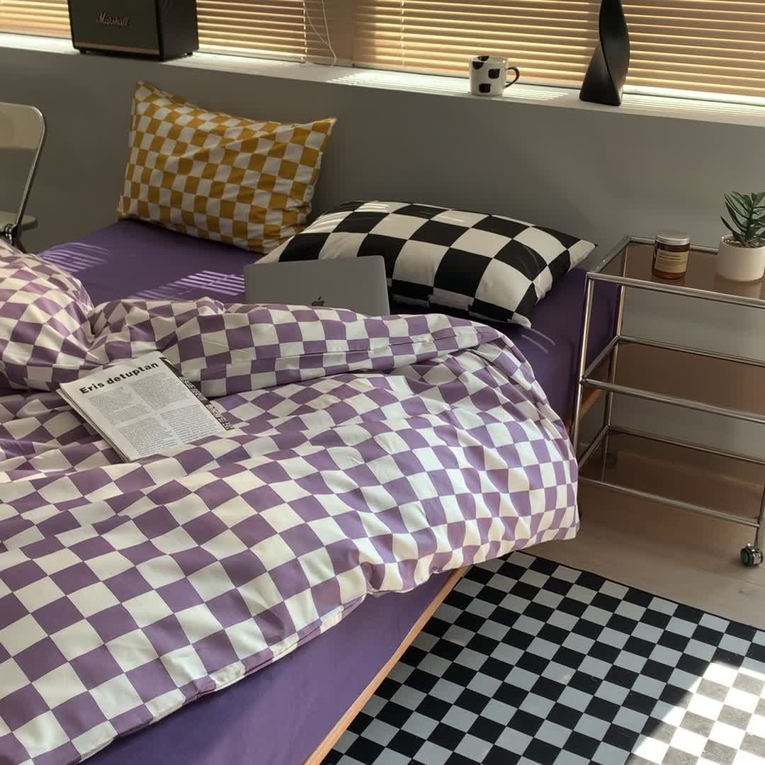 91家纺网 家纺一手货源 找家纺 怡家居 2022新款全棉棋盘格混搭四件套 棋盘格紫