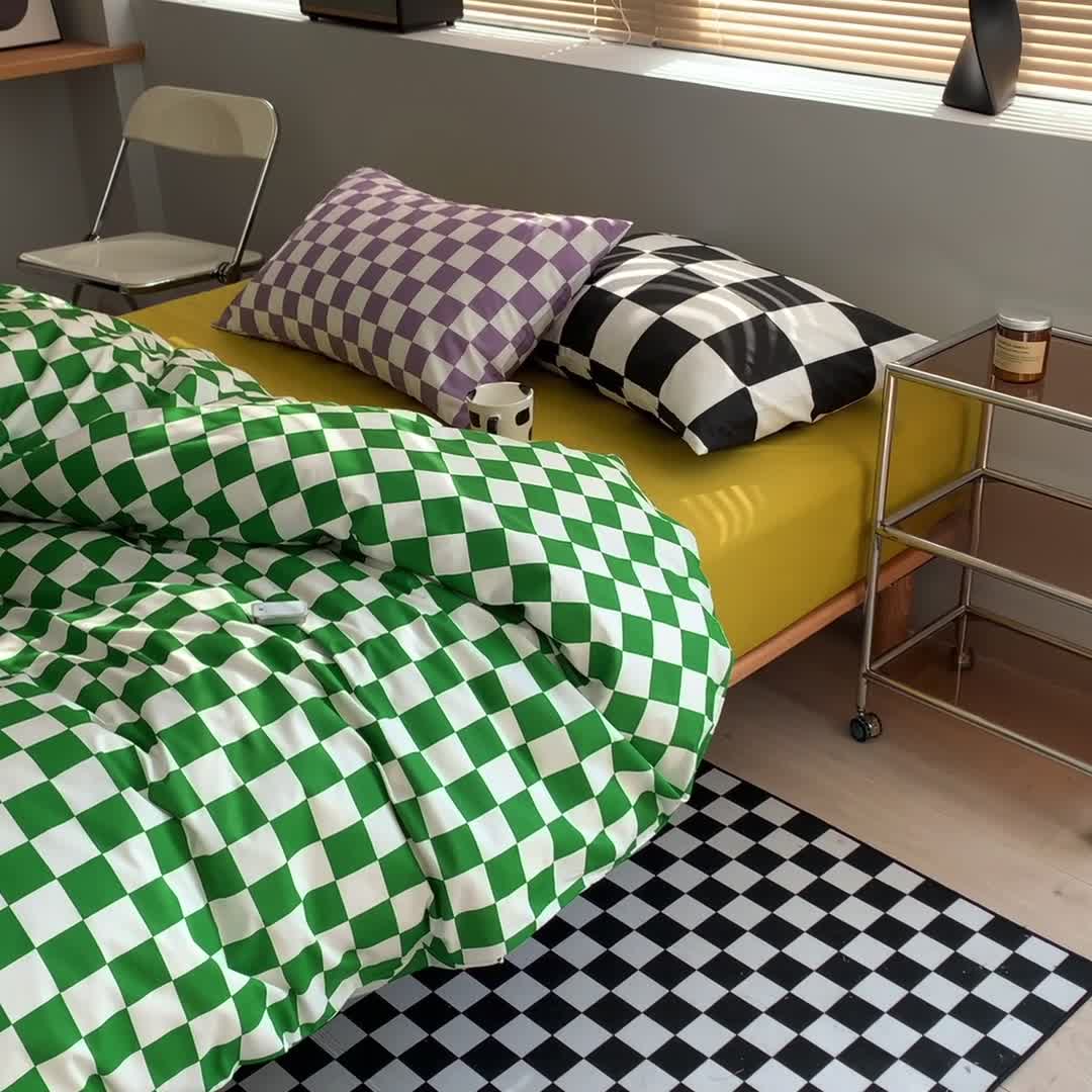 91家纺网 家纺一手货源 找家纺 怡家居 2022新款全棉棋盘格混搭四件套 棋盘绿格