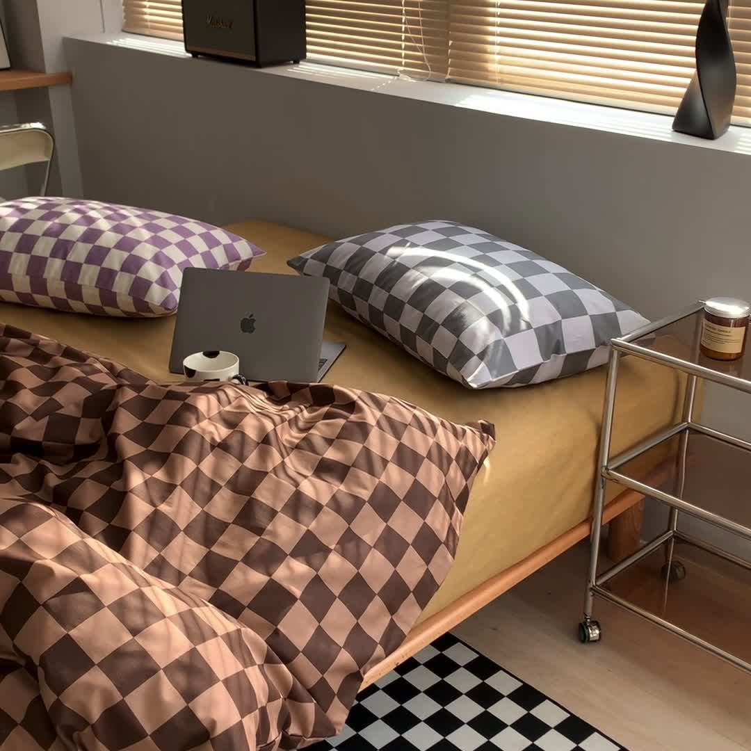 91家纺网 家纺一手货源 找家纺 怡家居 2022新款全棉棋盘格混搭四件套 棋盘格咖棕