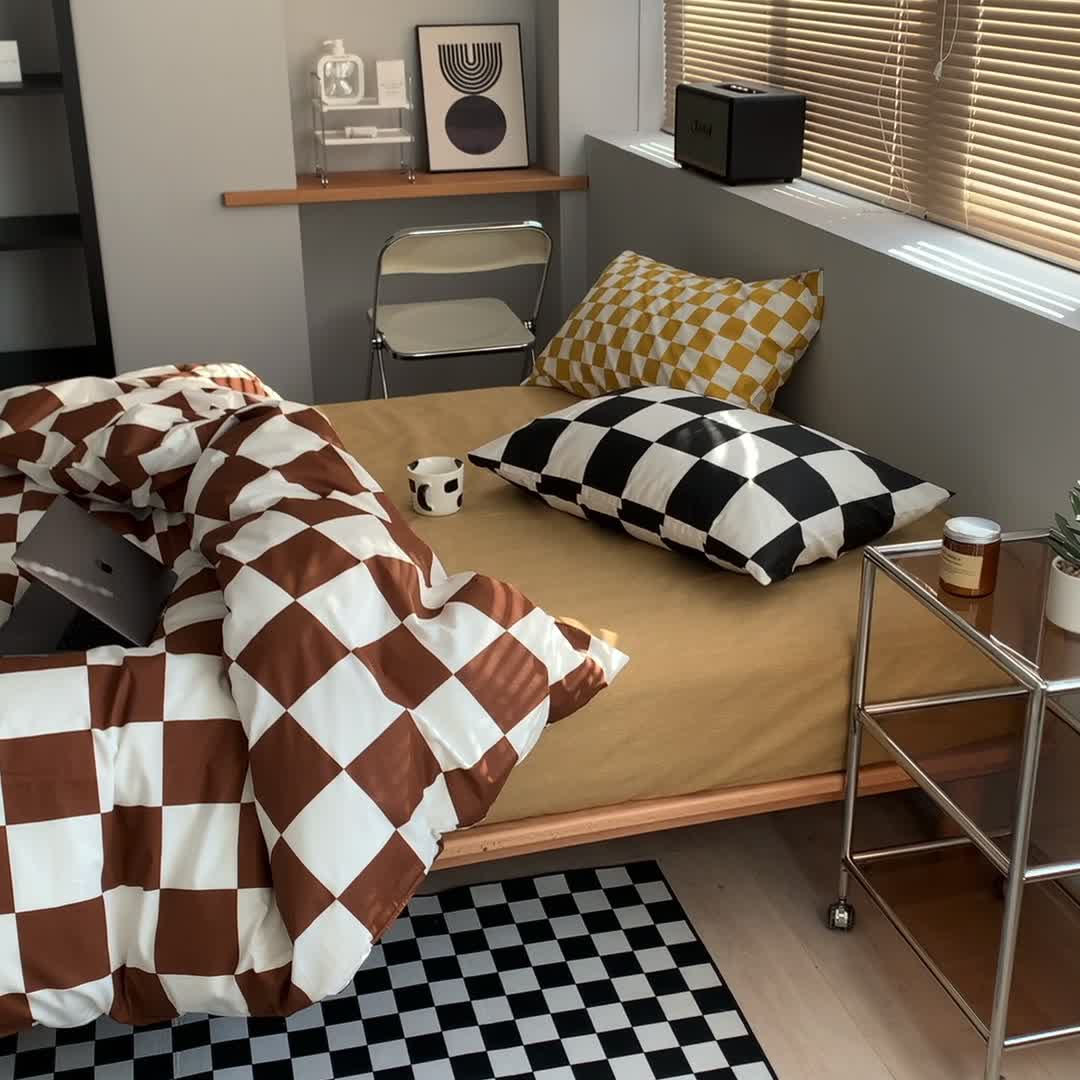 91家纺网 家纺一手货源 找家纺 怡家居 2022新款全棉棋盘格混搭四件套 棋盘棕格