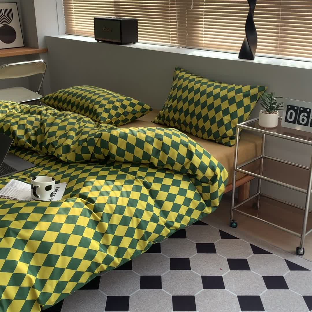 91家纺网 家纺一手货源 找家纺 怡家居 2022新款全棉棋盘格混搭四件套 菱格黄绿