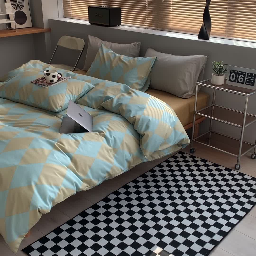 91家纺网 家纺一手货源 找家纺 怡家居 2022新款全棉棋盘格混搭四件套 菱格蓝绿