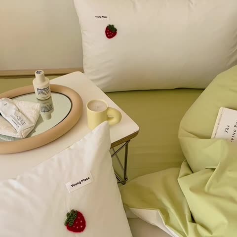 91家纺网 家纺一手货源 找家纺 洋铭区 2022新款全棉小清新水洗棉刺绣系列 草莓甜甜