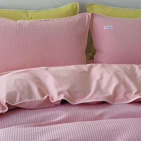 91家纺网 家纺一手货源 找家纺 洋铭区 2022新款全棉华夫格四件套 蜜桃粉