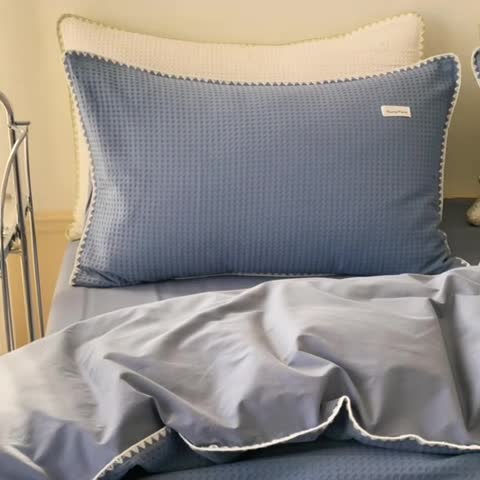 91家纺网 家纺一手货源 找家纺 洋铭区 2022新款全棉华夫格四件套 牛仔蓝