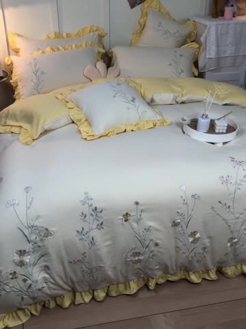 91家纺网 家纺一手货源 找家纺 涵宸 2022水洗氧棉刺绣四件套 花仙子— 米黄