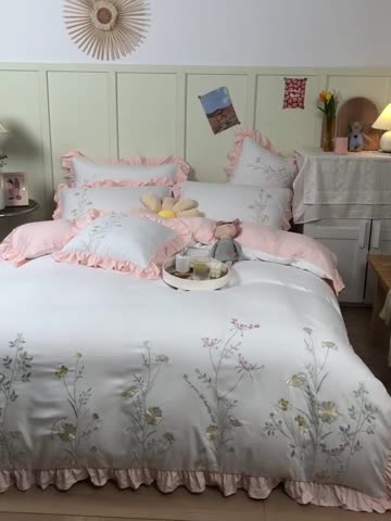 91家纺网 家纺一手货源 找家纺 涵宸 2022水洗氧棉刺绣四件套 花仙子— 奶白