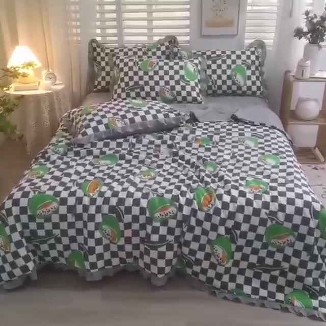 91家纺网 家纺一手货源 找家纺 斯卡诺2023韩版花边洛卡棉夏被四件套小香丝夏凉被牛油果