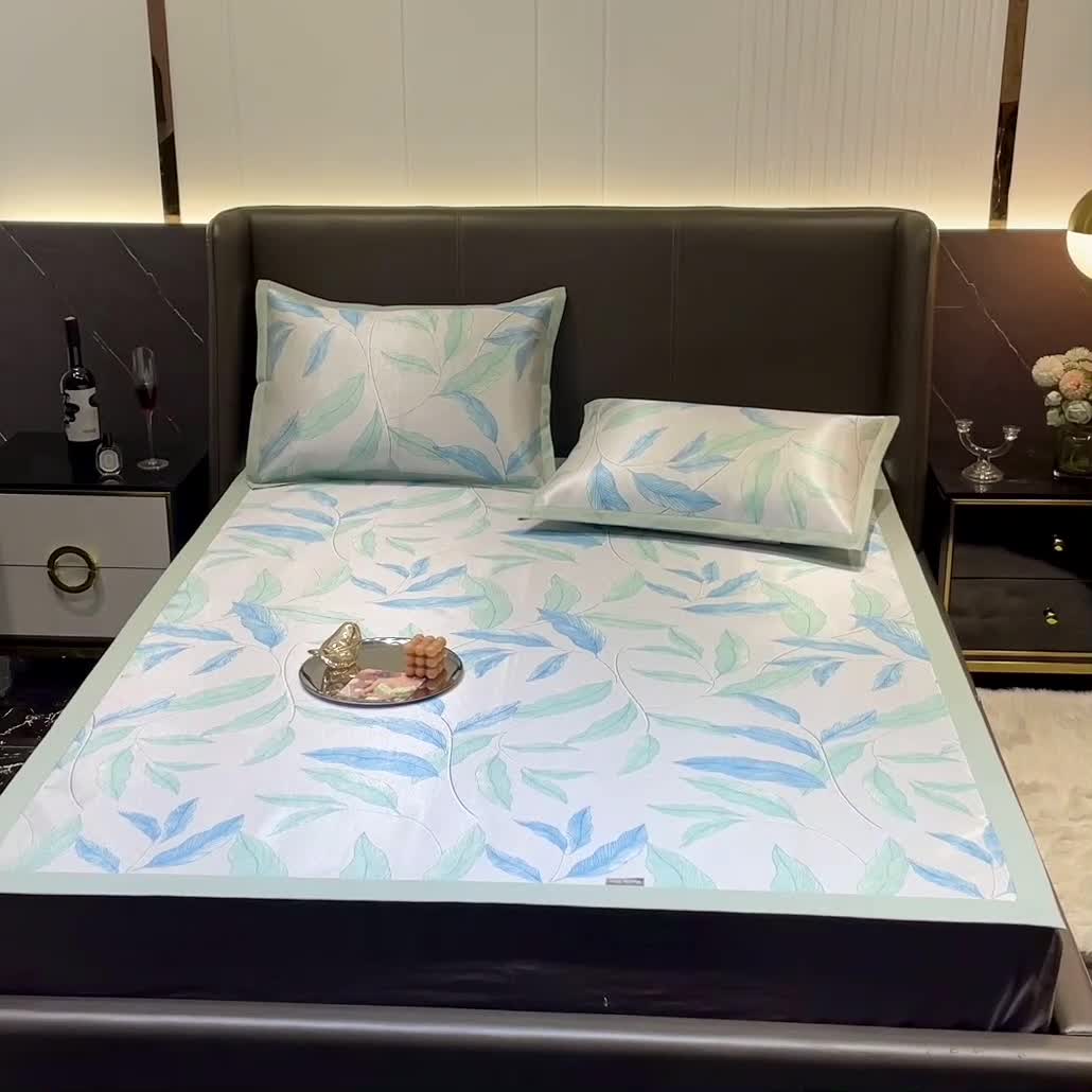 91家纺网 家纺一手货源 找家纺 安哆啦 2022新款600D加厚冰丝凉席 北欧叶