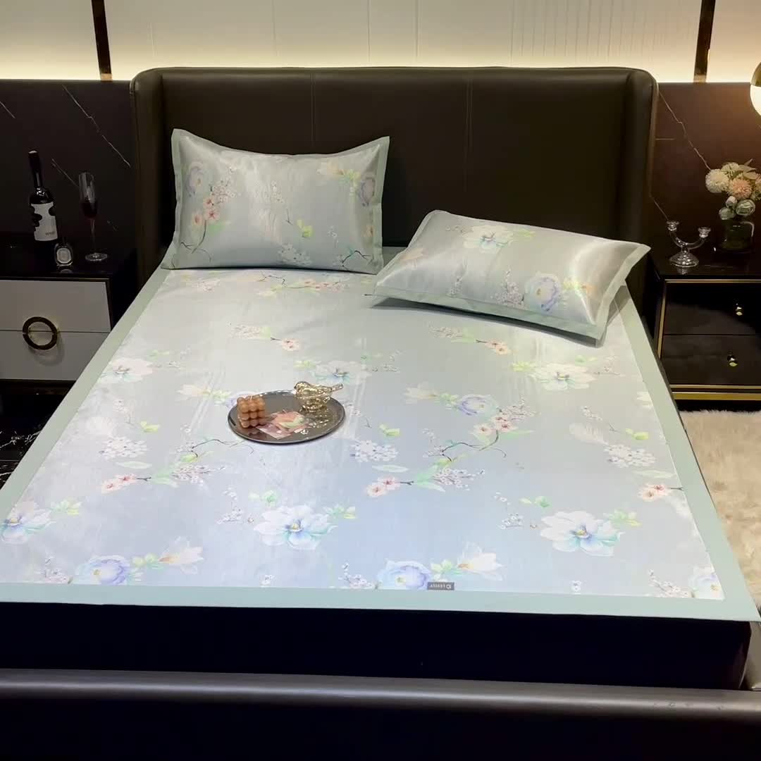 91家纺网 家纺一手货源 找家纺 安哆啦 2022新款600D加厚冰丝凉席 百合蓝