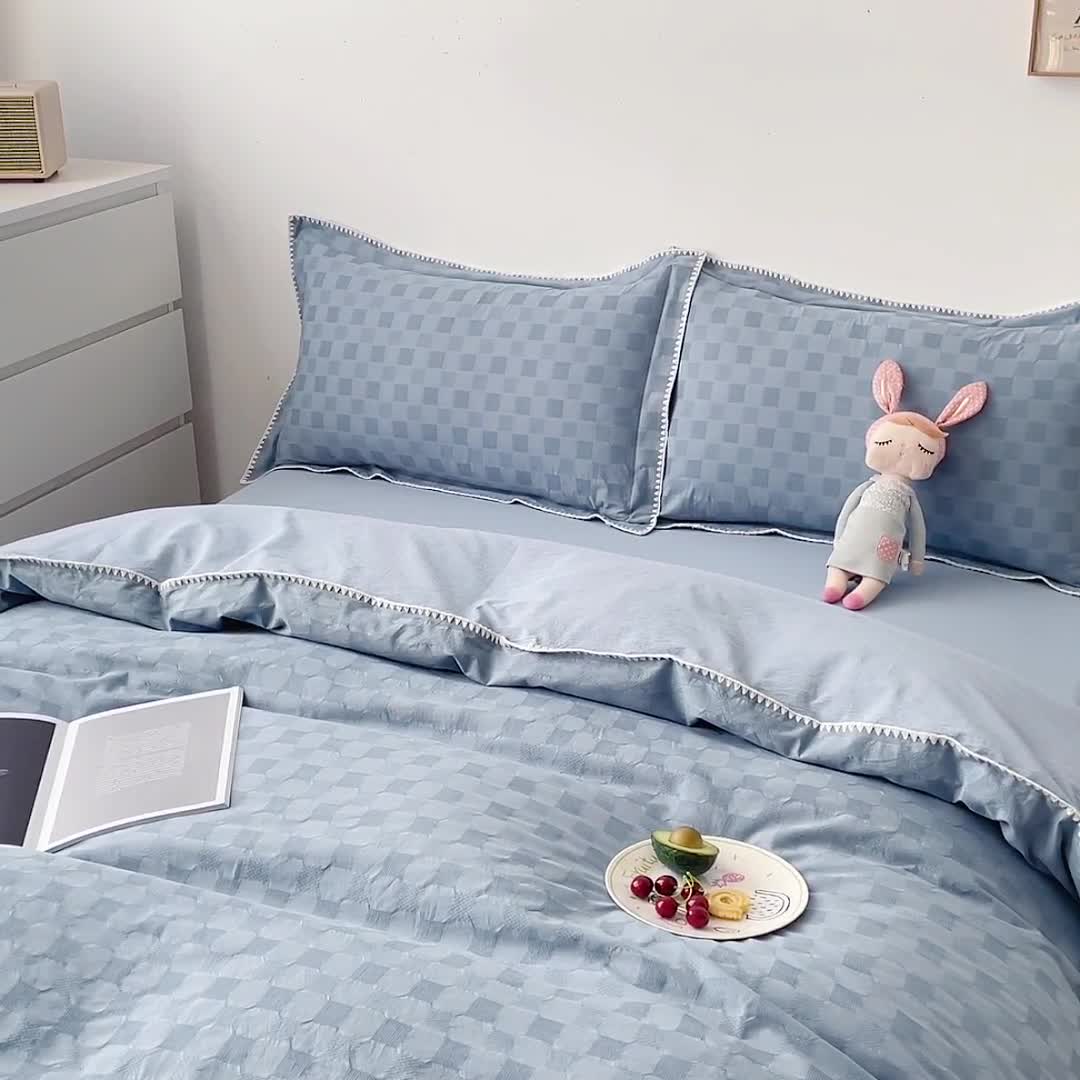 91家纺网 家纺一手货源 找家纺 娜娜 2022新款全棉水洗棉提花四件套 棋盘格-浅蓝