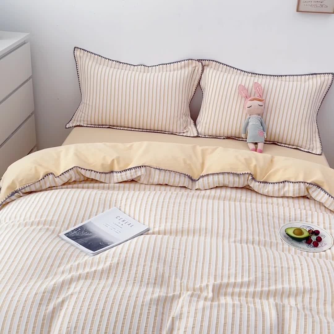 91家纺网 家纺一手货源 找家纺 娜娜 2022新款全棉水洗棉提花四件套 经典条纹-黄