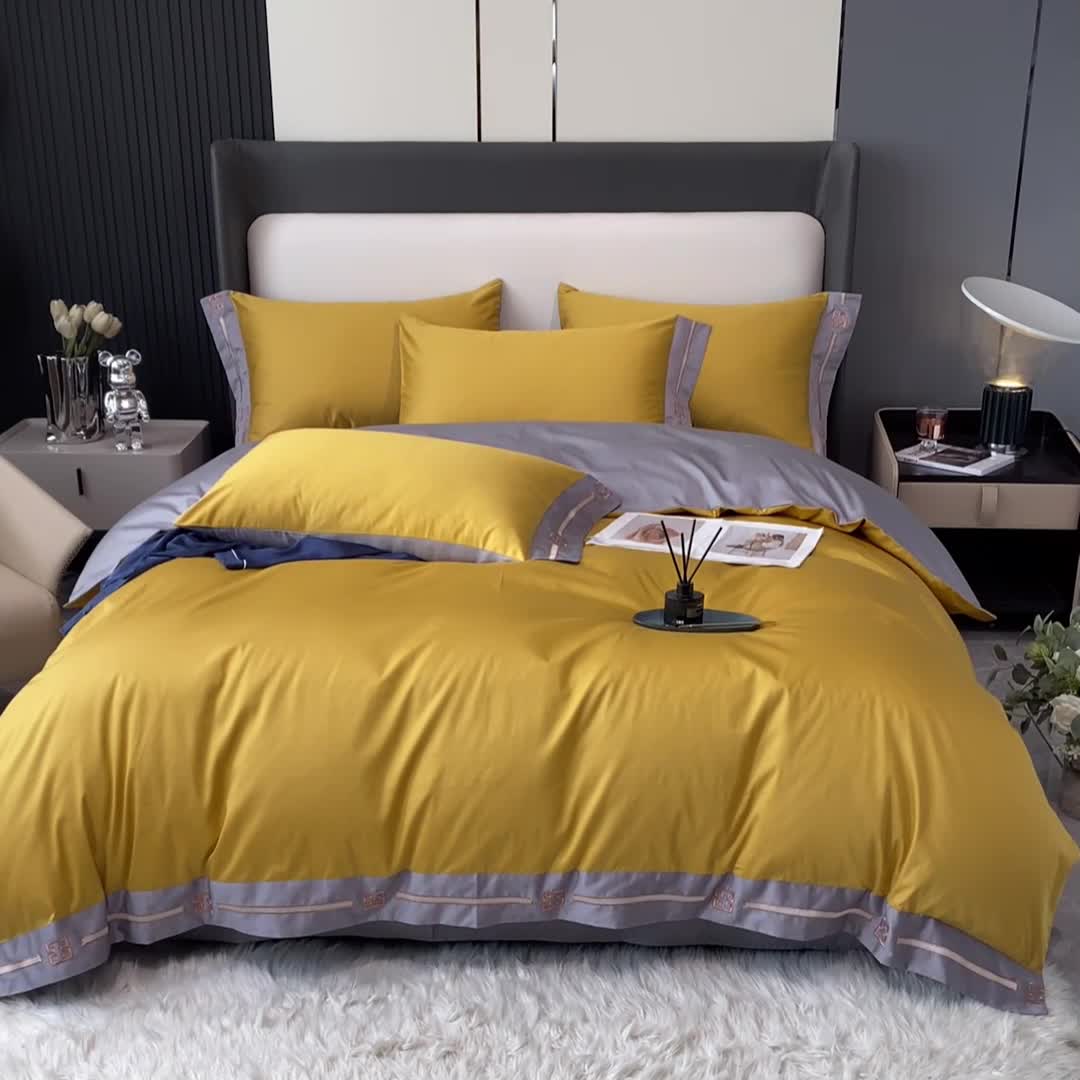 91家纺网 家纺一手货源 找家纺 瑞驰家纺 2022新款100S长绒棉绣花-爱德拉系列 柠檬黄+摩登灰