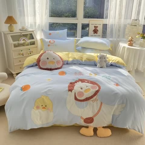 91家纺网 家纺一手货源 找家纺 沐慕 2022新款全棉工艺款四件套-柿柿好鸭 柿柿好鸭-蓝