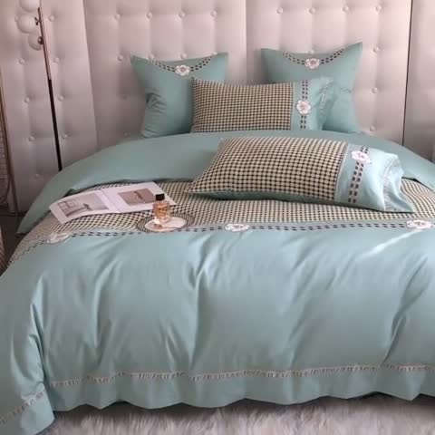 91家纺网 家纺一手货源 找家纺 品家居 2025新款A版提花双层纱全棉四件套 可可恋人-绿