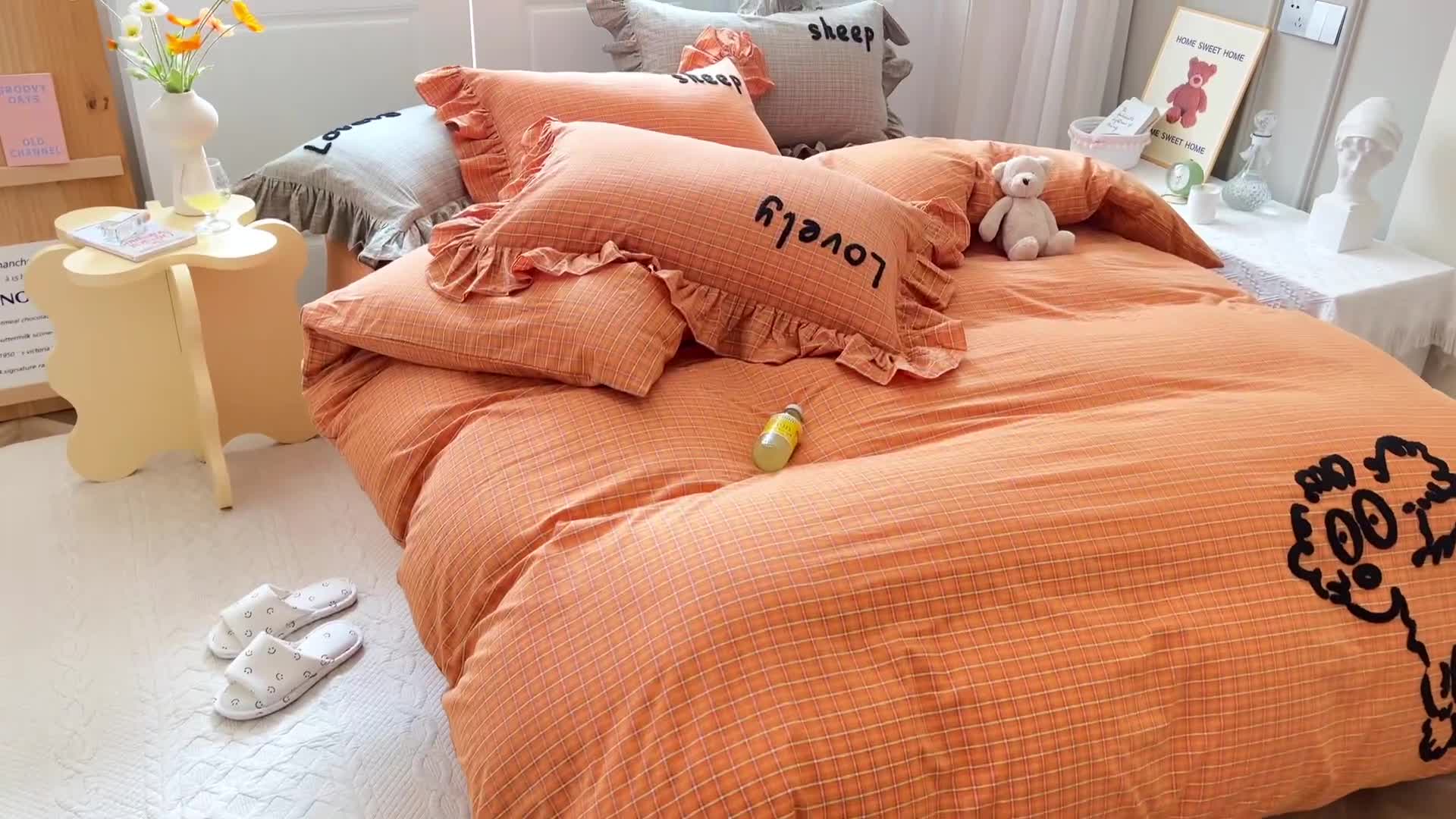 91家纺网 家纺一手货源 找家纺 婳庭 2023新款全棉色织水洗棉四件套桔小格