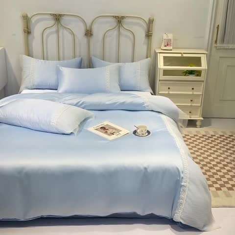 91家纺网 家纺一手货源 找家纺 花香四季 2023新款水洗真丝四件套-甜心 清新蓝