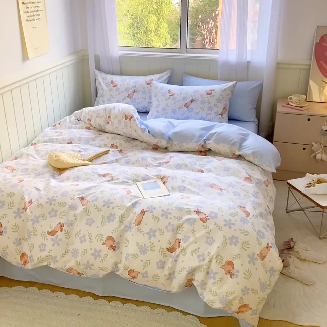 91家纺网 家纺一手货源 找家纺 琪格格 2022新款13372全棉印花四件套 田园兔