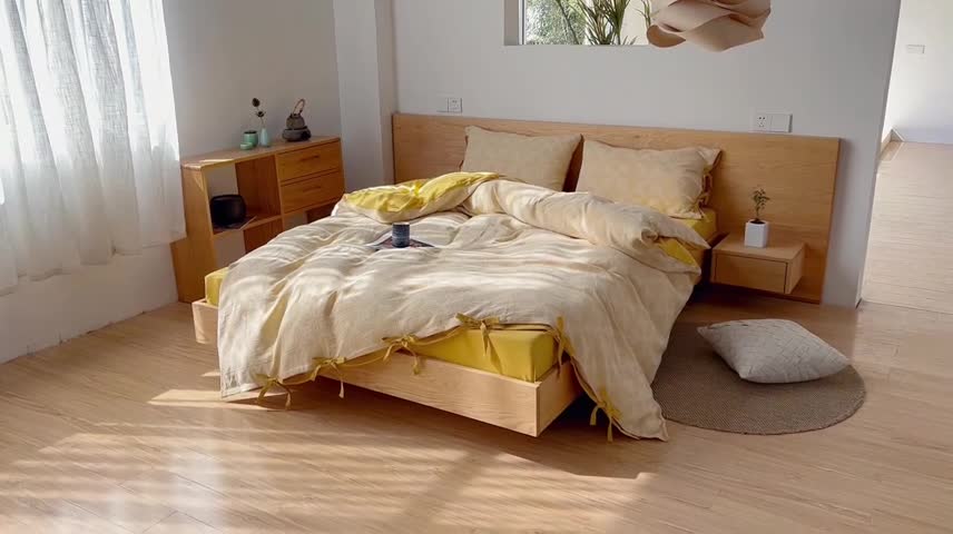 91家纺网 家纺一手货源 找家纺 安莱生活 2022新款全棉双层纱蝴蝶结四件套 四叶草-黄色