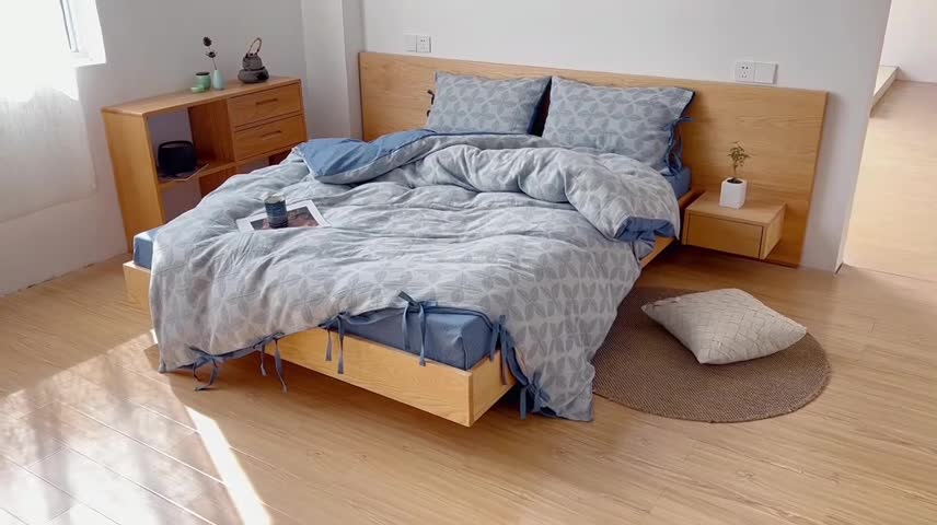 91家纺网 家纺一手货源 找家纺 安莱生活 2022新款全棉双层纱蝴蝶结四件套 四叶草-牛仔蓝