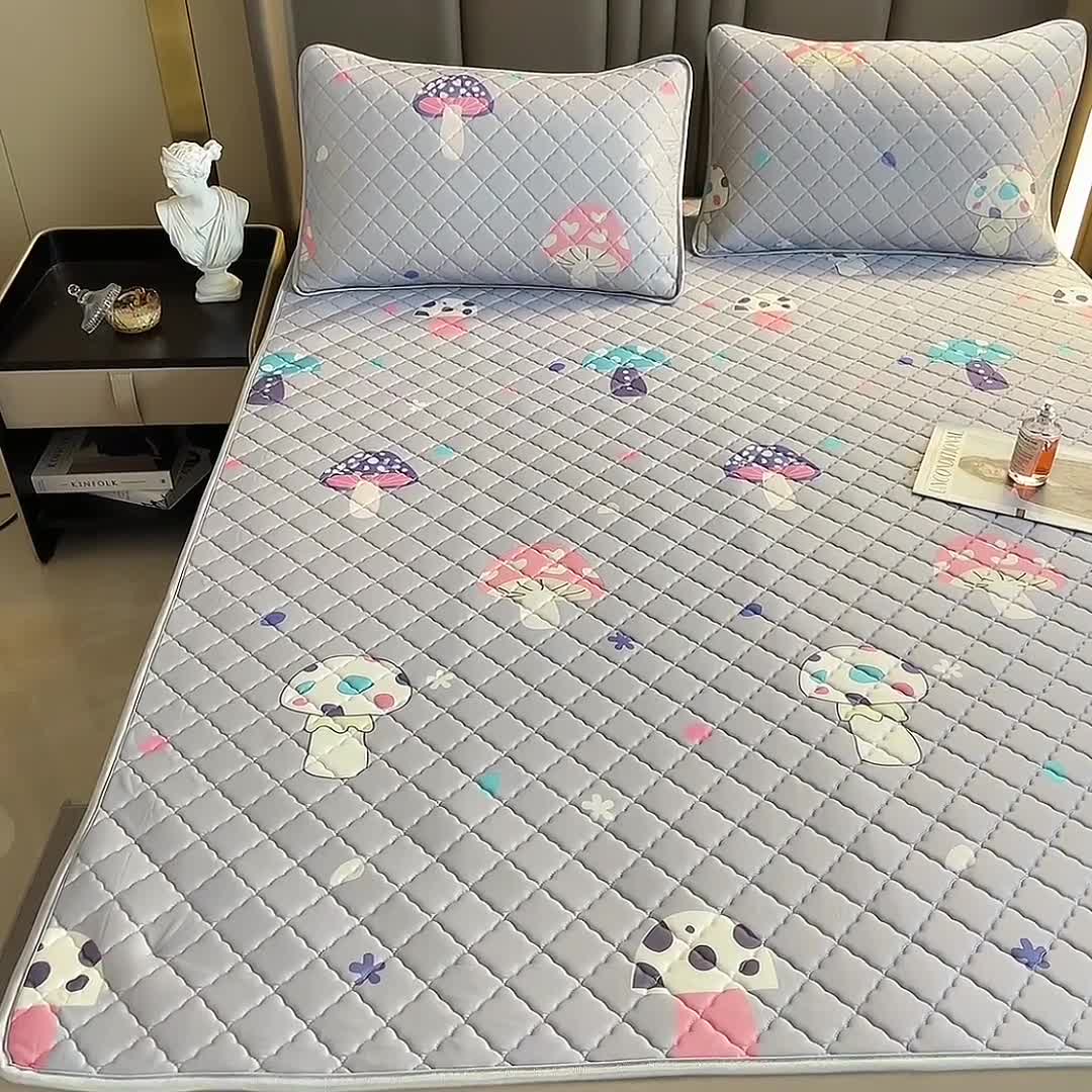 91家纺网 家纺一手货源 找家纺 锦罗绣 2024新款水洗乳胶凉席床笠凉席夏被四件套 彩色蘑菇