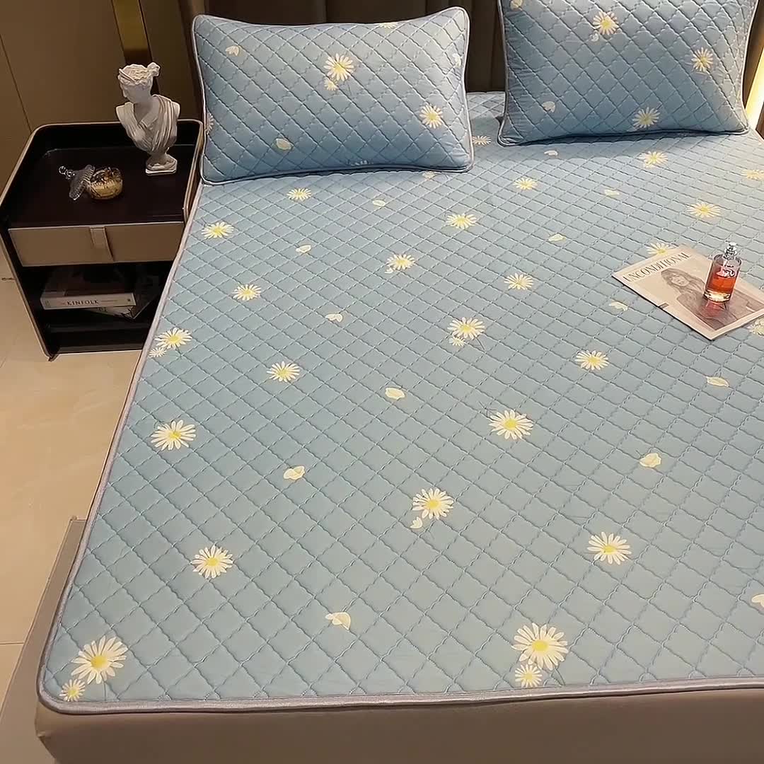 91家纺网 家纺一手货源 找家纺 锦罗绣 2024新款水洗乳胶凉席床笠凉席夏被四件套 雏菊花开