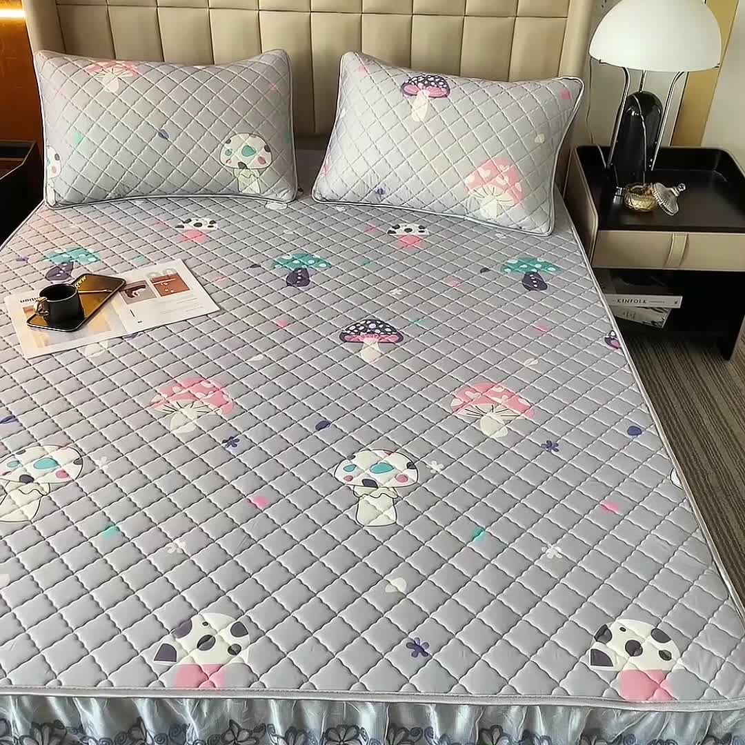 91家纺网 家纺一手货源 找家纺 锦罗绣 2024新款水洗乳胶凉席床裙凉席夏被四件套 彩色蘑菇