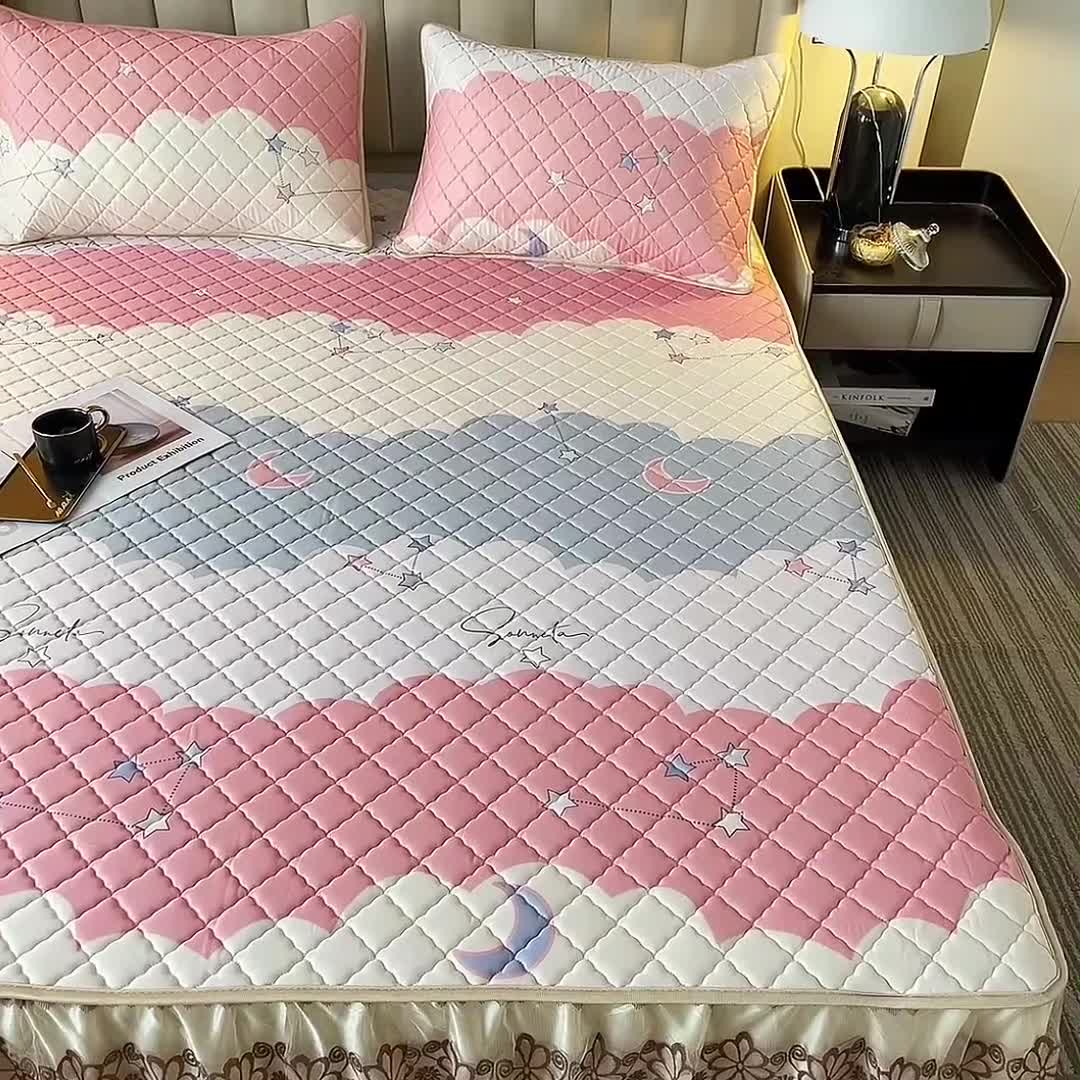 91家纺网 家纺一手货源 找家纺 锦罗绣 2024新款水洗乳胶凉席床裙凉席夏被四件套 繁星点点