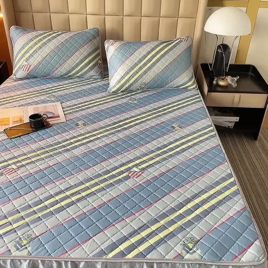 91家纺网 家纺一手货源 找家纺 锦罗绣 2024新款水洗乳胶凉席床裙凉席夏被四件套 格调条纹