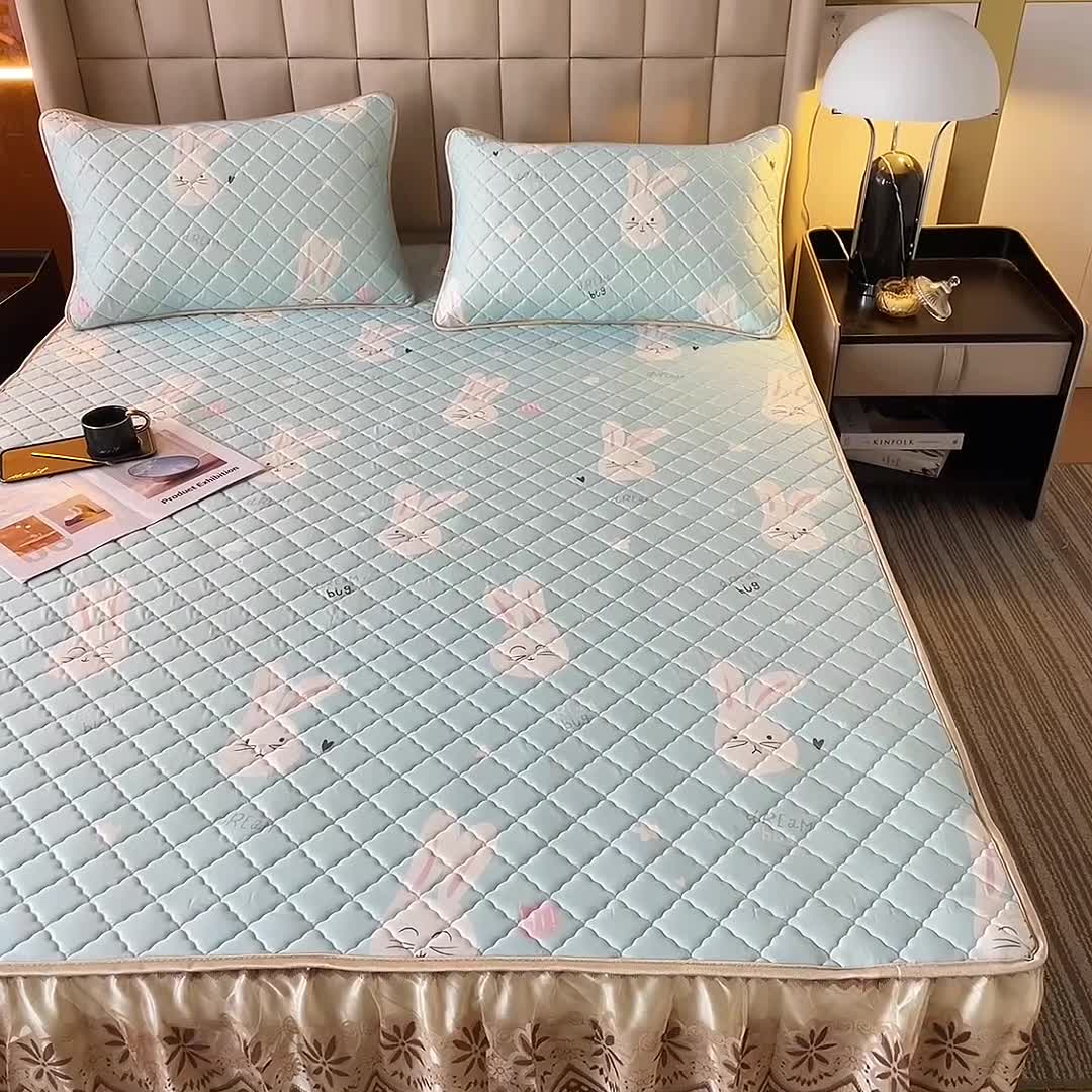 91家纺网 家纺一手货源 找家纺 锦罗绣 2024新款水洗乳胶凉席床裙凉席夏被四件套 乖乖兔