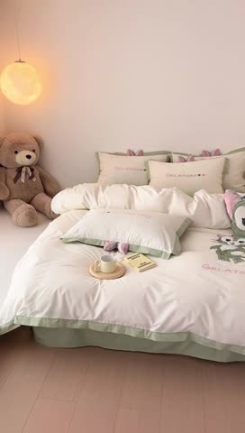 91家纺网 家纺一手货源 找家纺 朗莎 2022新款卡通水洗棉四件套 画家猫